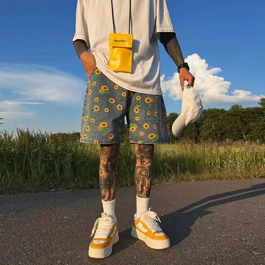 SUMMER SUNFLOWER DENIM SHORTS