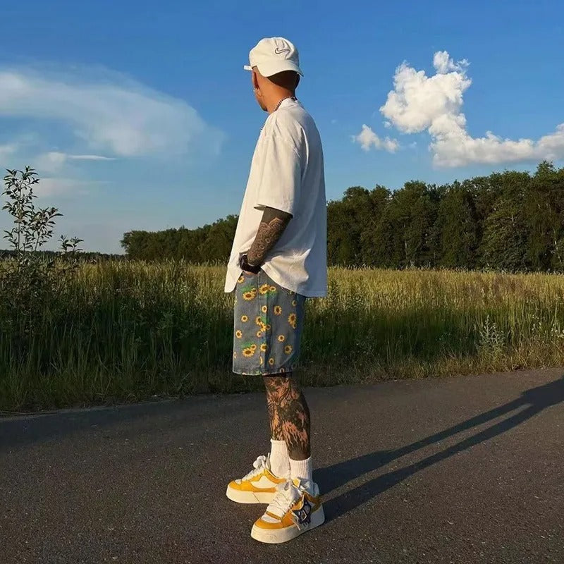 SUMMER SUNFLOWER DENIM SHORTS