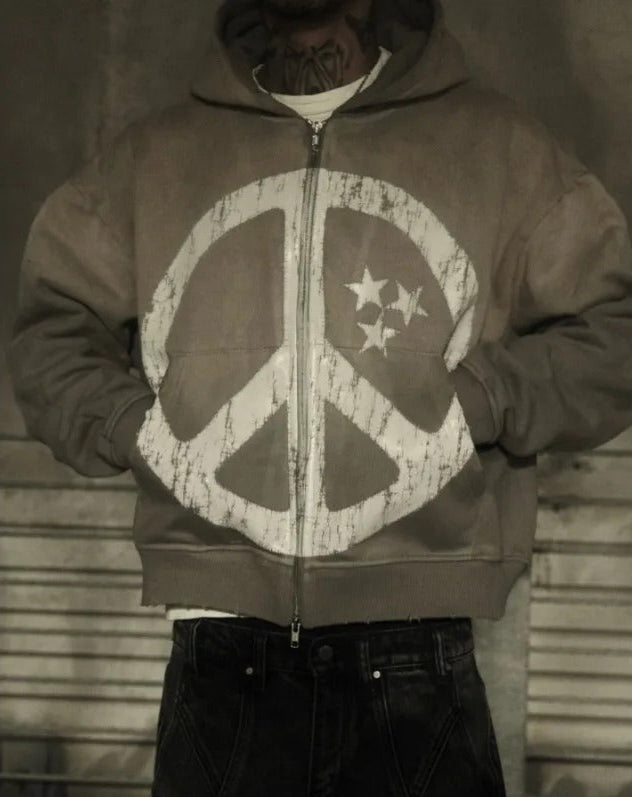 PEACE WORN ZIP-UP HOODIE