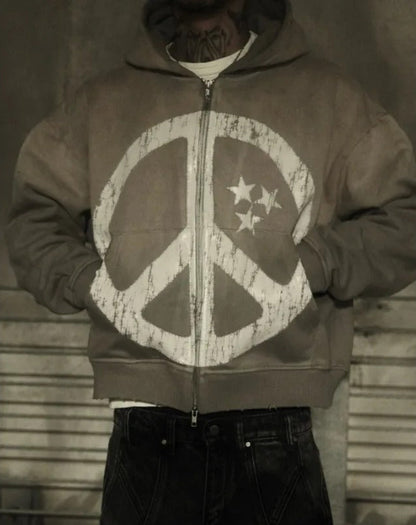 PEACE WORN ZIP-UP HOODIE